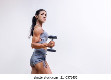 Portrait Of Healthy Asian Woman Pose With Dumbbell On White Background