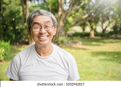 Portrait of healthy happy senior asian old man in the park outdoors with copy space. Spring healthcare lifestyle grandfather retirement concept 