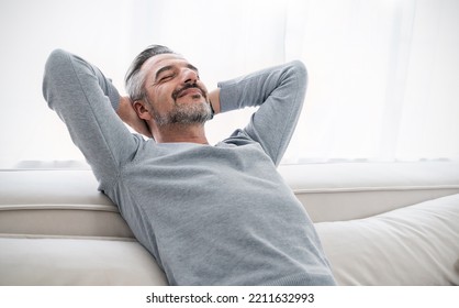 Portrait of healthy happy smart smile senior elderly caucasian old man face relax on sofa living room. Golden age grand father healthcare cheerful lifestyle, freedom relax retirement concept  - Powered by Shutterstock