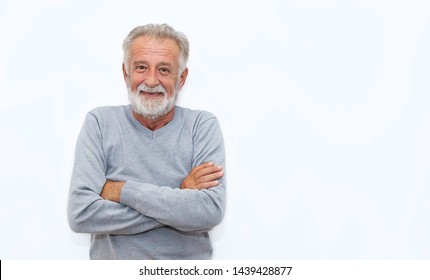 Portrait Of Healthy Happy Smile Senior Elderly Caucasian Old Man Face With Arm Crossed Isolated On White. Golden Age Grand Father Healthcare Cheerful Lifestyle, Freedom Relax Retirement Concept 