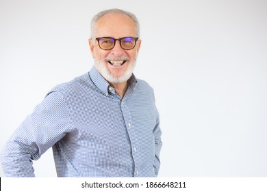 Portrait Of Healthy Happy Smile Senior Elderly Caucasian Old Man Isolated On White. Golden Age Grand Father Healthcare Cheerful Lifestyle, Freedom Relax Retirement Concept