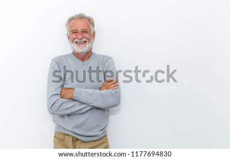 Portrait of healthy happy smile senior elderly caucasian old arm crossed with copy space isolated on white. Golden age healthcare cheerful lifestyle freedom relax retirement concept 