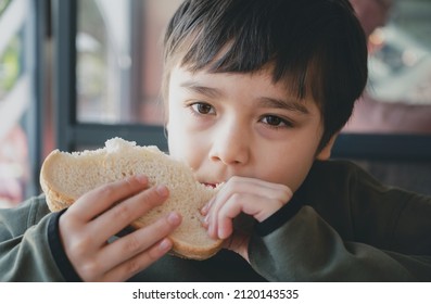 Portrait Healthy Young Boy Eating Bacon Sandwich, School Kid Having Breakfast In The Cafe Be For Go To School, Child Bitting Toast Sandwich Beef Cheddar Cheese For Lunch.