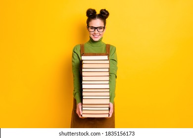 Portrait Of Her She Attractive Brainy Diligent Cheerful Girl Nerd Carrying, Many Book 1 September New Year Semester Grade Isolated Bright Vivid Shine Vibrant Yellow Color Background