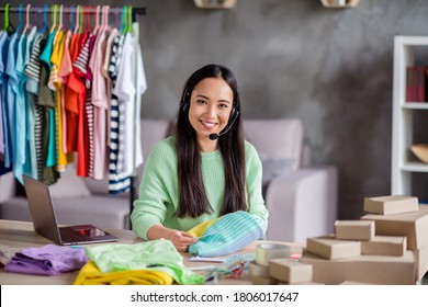 Portrait Of Her She Beautiful Cheerful Woman  Operator Seamstress Sew Manager Talking On Hot Help Line Providing Support Service Order Delivering Packing Things Center Showroom Home-based Office