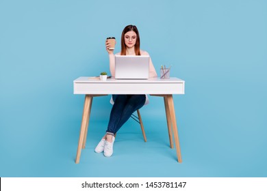 Portrait of her she nice attractive concentrated focused girl sitting in chair daily task hr manager designer self development at work place station isolated over bright vivid shine blue background