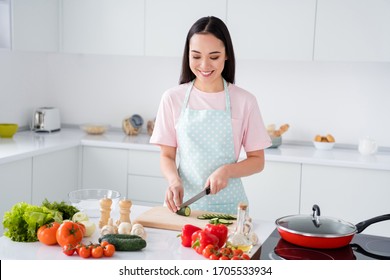 Portrait of her she nice attractive busy cheerful cheery focused girl cooking making tasty yummy dish salad vegan life lifestyle in modern white light interior style kitchen
