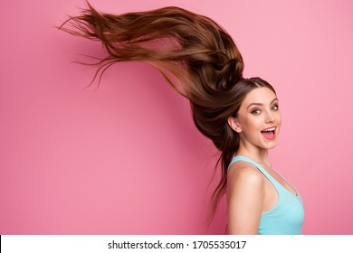 Portrait Of Her She Nice Attractive Lovely Cheerful Cheery Straight-haired Girl Ideal Perfect Clean Smooth Hair Flying Anti Dander Dandruff Medicine Isolated On Pink Pastel Color Background