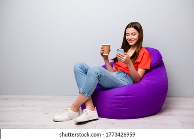 Portrait of her she nice attractive lovely cute winsome cheerful cheery girl sitting in bag using cell 5g app service wireless connection drinking tea in room light gray pastel color wall