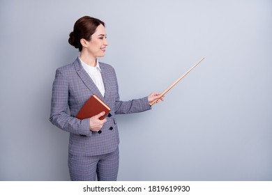 Portrait Of Her She Nice Attractive Experienced Skilled Qualified Specialist Diligent Cheerful Tutor Using Pointer Showing Copy Space Academic Material Isolated Over Grey Pastel Color Background