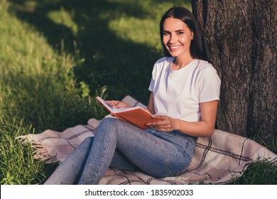 Portrait Of Her She Nice Attractive Pretty Lovely Cheerful Cheery Smart Clever Girl Reading, Book Diary Sitting On Lawn Green Color Grass Veil Duvet Planning Week Month Business