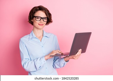 Portrait Of Her She Nice Attractive Cheery Smart Clever Brown-haired Girl Employee Hr Executive Manager Holding In Hands Laptop Writing Partner E-mail Isolated Pink Pastel Color Background