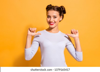 Portrait of her she nice-looking attractive lovely lovable winsome glamorous cheerful cheery girl pointing at herself ego charisma isolated on bright vivid shine yellow background