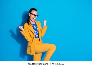 Portrait Of Her She Nice-looking Attractive Charming Pretty Cheerful Cheery Glad Lady Dancing Rejoicing Great Luck Attainment Having Fun Isolated Over Bright Vivid Shine Vibrant Blue Color Background