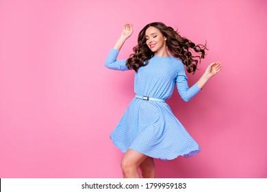 Portrait of her she nice-looking attractive lovely pretty dreamy carefree cheerful wavy-haired lady enjoying good weather day springtime isolated over pink pastel color background