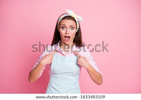 Portrait of her she nice-looking attractive lovely pretty outraged worried nervous guilty brown-haired housewife pointing at herself fault isolated on pink pastel color background
