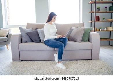 Portrait of her she nice-looking beautiful attractive lovely charming serious focused concentrated straight-haired girl working part time remotely in light house apartment room indoors - Shutterstock ID 1495907813