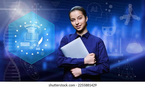 Portrait of high school student girl with laptop in hands