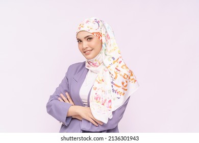 Portrait Of Hijab Girl Smiling. Pretty Muslim Girl. Beautiful Asian Muslim Woman Model In Formal Office Attire Posing Over White Background Studio