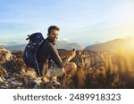 Portrait, hiking and man on mountain with cellphone for geology career with digital nomad for travel. Nature, backpack and petrologist trekking with phone for environmental research in Australia.