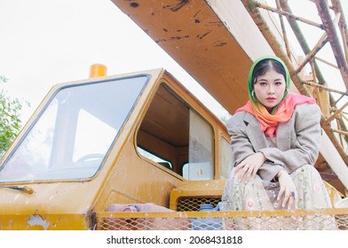 Portrait Hipster Model Muslim Woman In Contruction Site