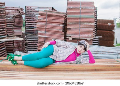 Portrait Hipster Model Muslim Woman In Contruction Site