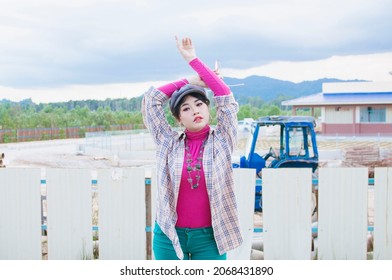 Portrait Hipster Model Muslim Woman In Contruction Site