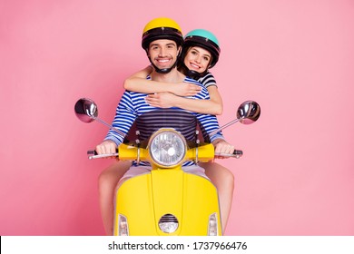 Portrait Of His He Her She Nice Attractive Lovely Cheerful Cheery Glad Couple Riding Moped Enjoying Weekend Day Holiday Summer Vacation Rest Adventure Isolated On Pink Pastel Color Background