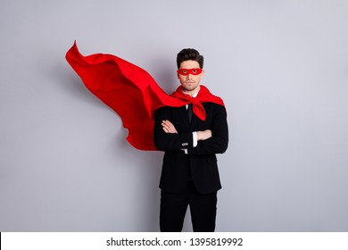 Portrait of his he nice attractive confident strong virile macho incognito guy wearing bright super look outfit mantle accessory best motivation isolated over light gray background