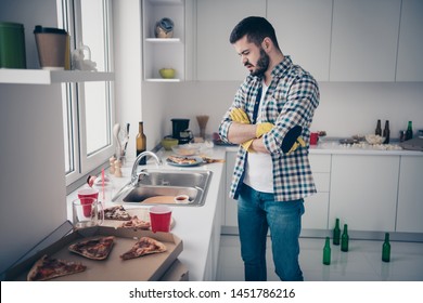 Portrait Of His He Nice Attractive Minded Angry Displeased Annoyed Bearded Guy Wearing Checked Shirt Mess Chaos Around Crossed Hands In Modern Light White Interior Style Kitchen Indoors