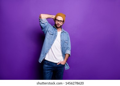 Portrait of his he nice attractive content virile brutal bearded guy posing modern lifestyle season clothing isolated over bright vivid shine violet lilac purple background