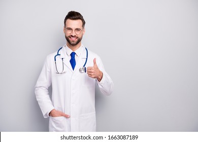 Portrait Of His He Nice Attractive Confident Glad Cheerful Cheery Bearded Guy Employee Showing Thumbup Advert Career Opportunity Isolated On Light White Gray Pastel Color Background