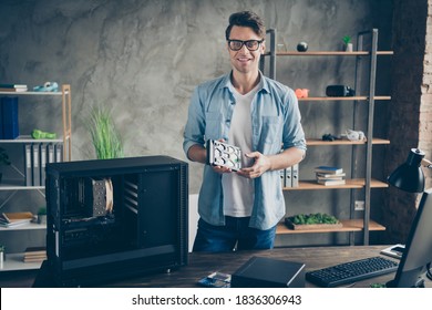 Portrait Of His He Nice Attractive Cheerful Cheery Confident Professional Guy Geek Technician Repairing Hardware Company Owner At Modern Loft Industrial Home Office Work Place Station