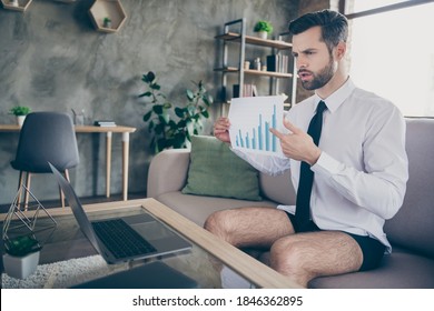Portrait Of His He Nice Attractive Confident Successful Brunet Guy Attending Online Meeting Briefing Presentation Strategy Data Analysis At Modern Loft Industrial Style Interior Living-room Apartment