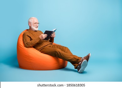 Portrait Of His He Nice Attractive Focused Cheerful Cheery Wise Smart Clever Bearded Grey-haired Man Sitting In Bag Chair Reading Academic Book Isolated Over Blue Pastel Color Background