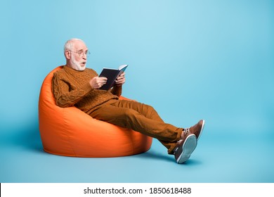 Portrait of his he nice attractive focused amazed wondered smart clever bearded grey-haired man sitting in bag chair reading interesting book wow isolated over blue pastel color background - Shutterstock ID 1850618488