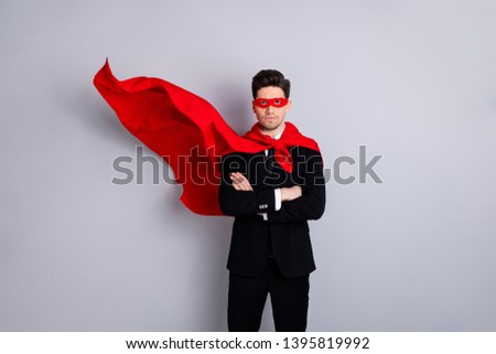 Portrait of his he nice attractive confident strong virile macho incognito guy wearing bright super look outfit mantle accessory best motivation isolated over light gray background