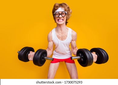 Portrait Of His He Nice Funky Motivated Mad Foxy Guy Lifting Barbell Doing Work Out Trainer Program Regime Body Building Goal Isolated Over Bright Vivid Shine Vibrant Yellow Color Background