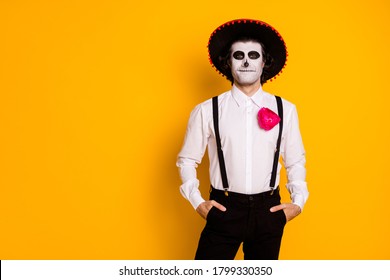 Portrait of his he nice handsome imposing gentleman mc artist cowboy wear festal clothes shirt suspenders copy space corporate carnival isolated bright vivid shine vibrant yellow color background