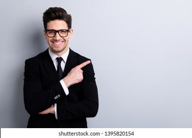 Portrait Of His He Nice Imposing Representative Elegant Classy Chic Attractive Cheerful Guy Sales Expert Development Agent Broker Pointing Aside Isolated Over Light Gray Background