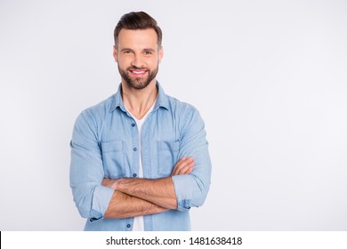 Portrait of his he nice-looking attractive masculine cheerful cheery bearded healthy content guy folded arms isolated over light white pastel background