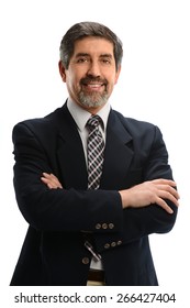 Portrait of Hispanic businessman smiling isolated over white background