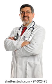 Portrait Of Hispanic Doctor Smiling Isolated Over White Background