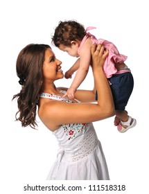 Portrait Of Hispanic Mother And Daughter Isolated Over White Background