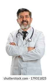 Portrait Of Hispanic Senior Doctor With Arms Crossed Isolated Over White Background