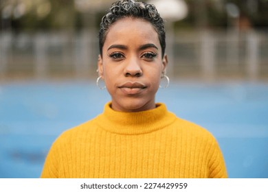 portrait hispanic woman short hair, looking at camera serious - Shutterstock ID 2274429959