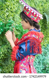 portrait of Hmong young woman in tradition Hmong costume for young girl; Asian ethnic tribal people in traditional colorful clothing culture of Hmong or Miao people in east Asia and southeast Asia