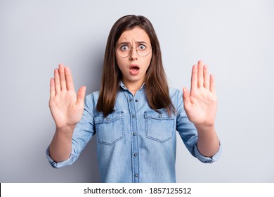 Portrait of horrified person show hands no symbol staring open mouth isolated on grey color background - Shutterstock ID 1857125512