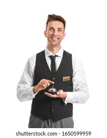 Portrait Of Hotel Receptionist With Service Bell On White Background