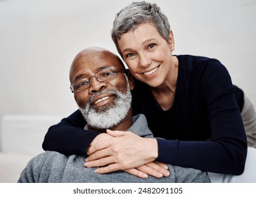 Portrait, hug and old couple with love, care and happiness with romance, relationship and interracial. Face, mature man and woman with peace, marriage or bonding together with embrace, smile or trust - Powered by Shutterstock